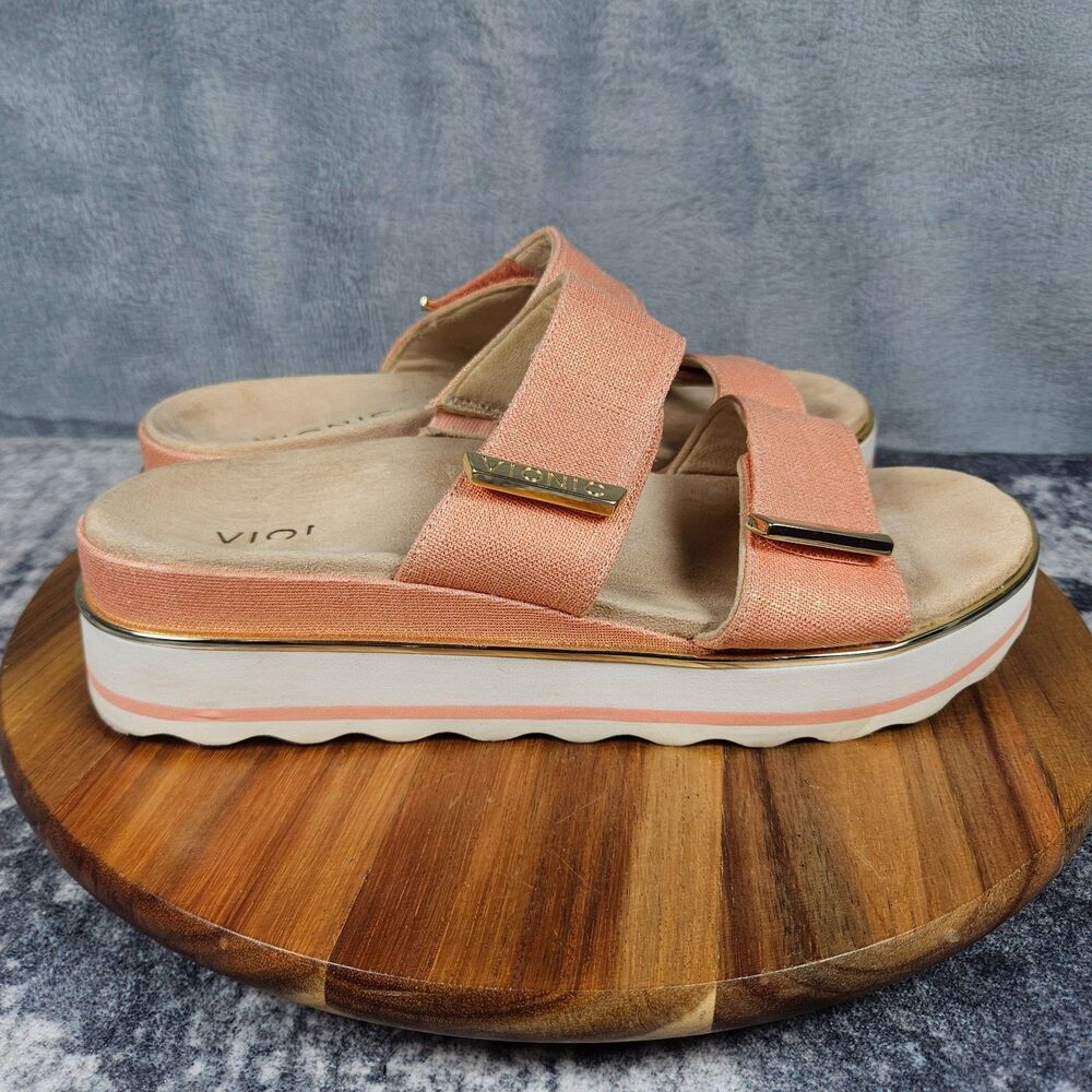 Vionic Brandie Platform Slide Sandals Womens 8.5 US Coral Pink Metallic Flatform